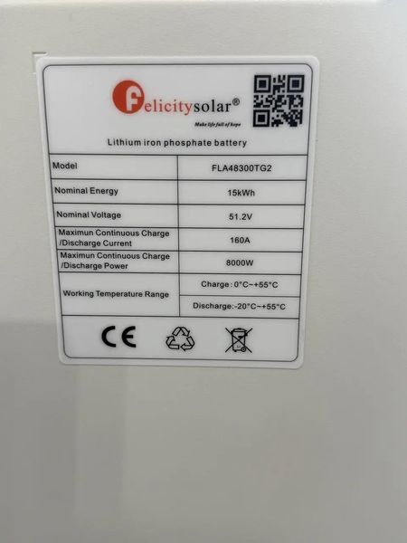 Акумулятор Felicity FLA48300TG2 LiFePO4 51.2В 300Аг 15 кВт&middot;год BMS Wi-Fi BS2004 фото